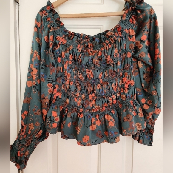 NWT Kori peasant milkmaid boho smocked blouse size large teal floral print - Picture 7 of 12